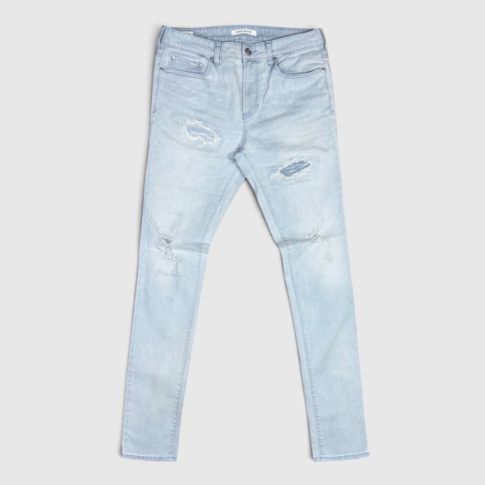 PacSun Stacked Skinny Light Wash Distressed Jeans - Men's - 32x34 - Blue